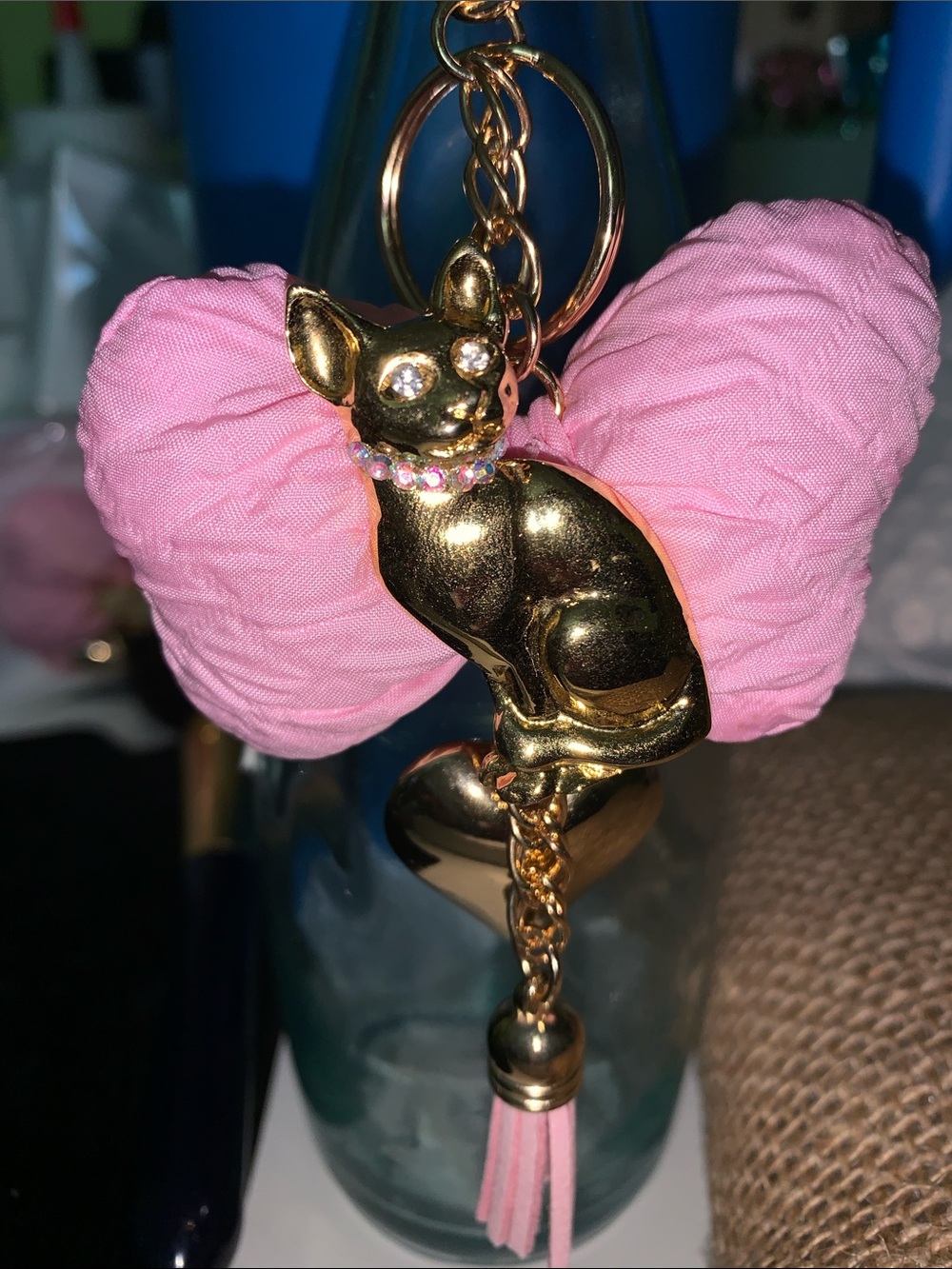 Handmade Cat Bow purse/bag charm keychain with heart and tassel